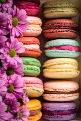 Colorful macaroons with flowers in gift box background.Valentines Day (14 February), Mother's day, Birthday or Woman's day (8 March) concept. French almond macaron cookies. Close up, copy space