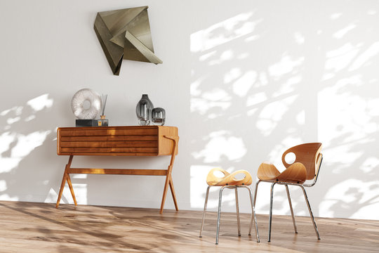 White minimalistic interior with wooden floor and mid century Scandinavian furniture 3d render