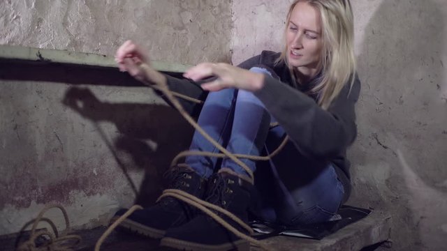 victims of violence and abducted woman. Tied with a rope for emotional stress and pain, restricted, trapped, escaped and escapes from a terrorist.