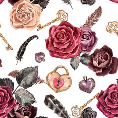 Vintage stijl bloemmotief. Aquarel rood, bordeaux, zwarte rozen, veren, hartvormige hangslot, loper op witte achtergrond. Victoriaanse gotische print voor Valentijnsdag, bruiloftsontwerp.