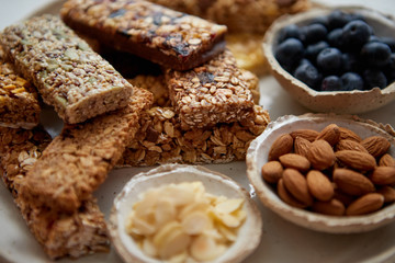 Close up. Mixed composition of various energy nutrition bars