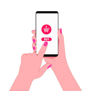 hand holding smartphone touch buy icon on screen