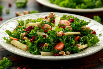 Kale salad with dried cranberry, carrots, walnuts and apple. healthy vegan food.