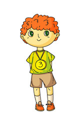 Happy little boy with gold medal stand on white