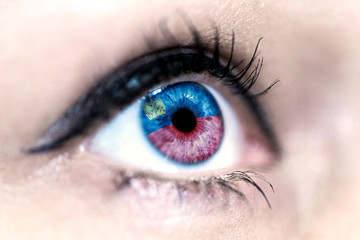 Flag of liechtenstein reflects in a woman blue eye - election, sport, hope, young, generation, pride, dream, emotion, independance	