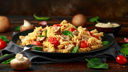 Healthy Creamy Hummus pasta with mushroom and roast tomatoes. vegan vegetarian, plant based.