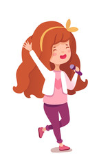 Little girl singing sing in microphone on white