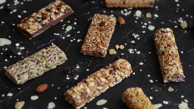 Mixed gluten free granola cereal energy bars. With dried fruits and nuts
