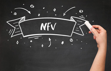 Hand drawing NFV abbreviation with white chalk on blackboard