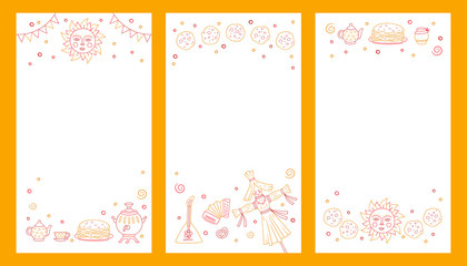 Maslenitsa, Shrovetide, Pancake week. Set of vector illustrations on doodle style for social networks stories. Hand drawn