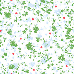 Seamless Vector Floral pattern with flowers and hearts for decoration, print, fabric