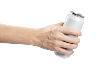 White aluminium can in male hand, isolated on white