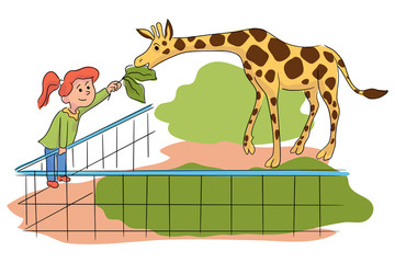 Cartoon little girl feeding giraffe at contact zoo