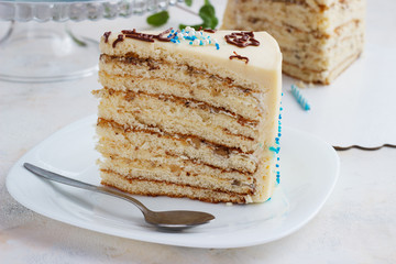cut piece of festive baby cake on a plate, cake cut, filling