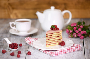 Slice Of Layered Creamy Fruit Cake. Raspberry Layer Cake.