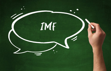 Hand drawing IMF abbreviation with white chalk on blackboard