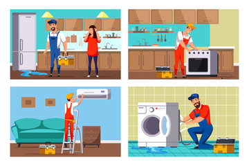 Appliance repair service people cartoon scene set