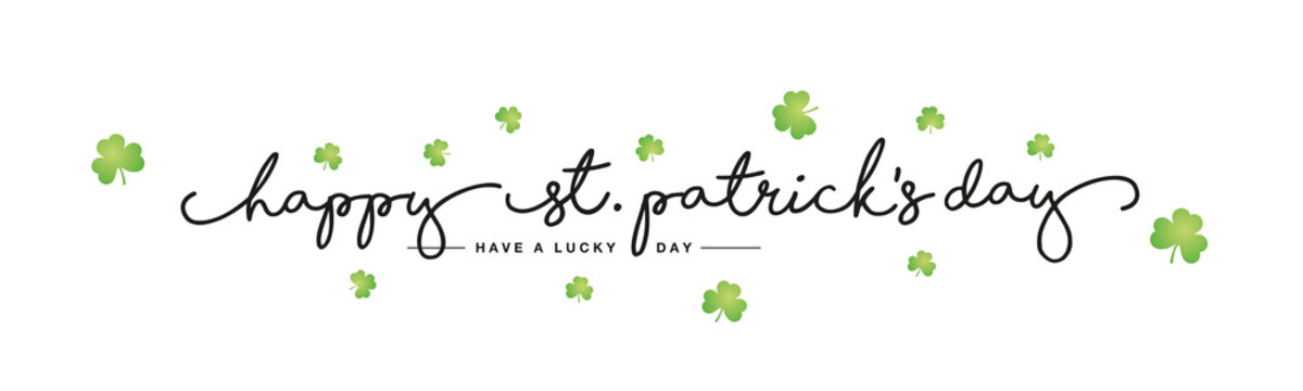 Happy St Patrick's Day handwritten typography lettering line design green clovers white background banner
