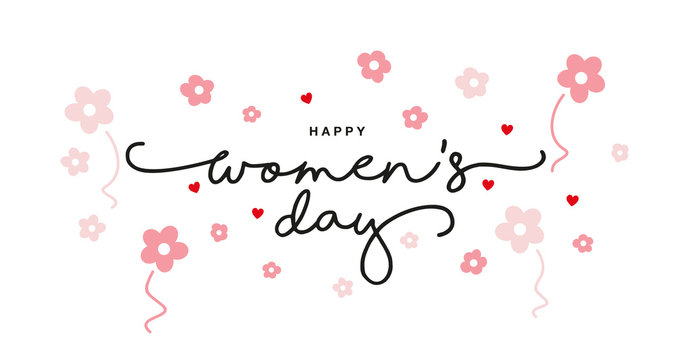 Happy Women's Day handwritten typography with pink flying flowers red hearts isolated white background