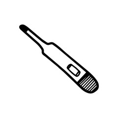 Thermometer in hand drawn doodle style isolated on white background. Vector stock outline illustration. Single. Sign element. Medical equipment.