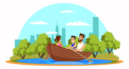 Family in boat on river flat vector illustration