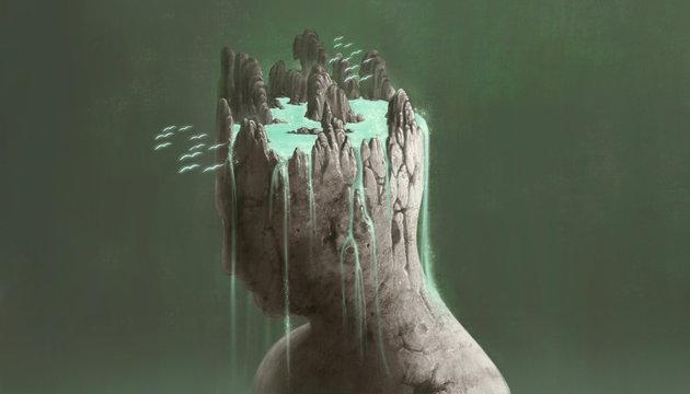 Freedom concept The sea and waterfall on broken human sculpture, surreal painting