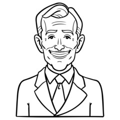 Monochrome vector illustration of an old business man wearing a blazer and tie. Teeth, laugh, emotion, america, president, cartoon, retro, vector.