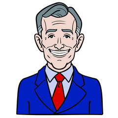 old businessman wearing a blue blazer and red tie with gray hair. Laugh, emotion, america, president, comic, illustration, retro, vector.