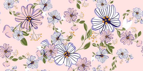 Fashionable cute pattern in nativel flowers. Floral seamless background for textiles, fabrics, covers, wallpapers, print, gift wrapping or any purpose.