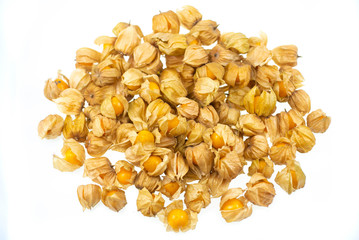 Orange Organic Cape Gooseberries fruit on white isolated background. Physalis fruits.
