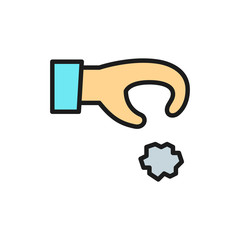 Hand throws out trash, garbage, waste flat color line icon.