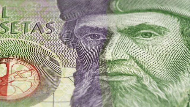 Francisco Pizarro portrait on Spanish 1000 peseta (1992) rotating. Spanish Conquistador, colonizer of Peru. Low angle, macro. 4K, 422 10 bit