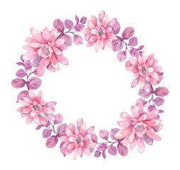 Invitation. Wedding or birthday card. Floral frame. Watercolor background with pink spring red and blue flowers and green leaves. Boho style. Beauty isolated bouqet circle frame background