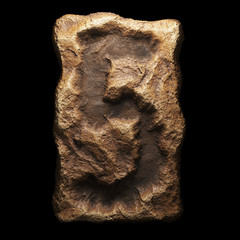 Rocky number 5. Font of stone isolated on black background. 3d