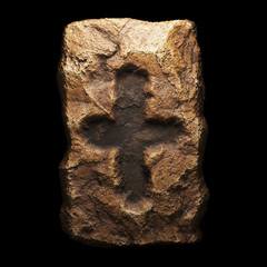 Rocky symbol plus. Font of stone isolated on black background. 3d