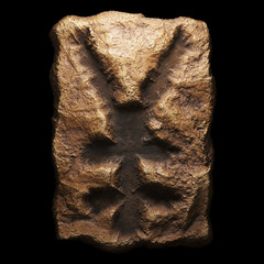 Rocky symbol yen. Font of stone isolated on black background. 3d