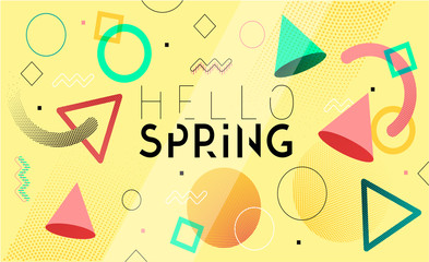 Hello Spring banner. Trendy textured. Season vocation, weekend, holiday logo. Spring Time Wallpaper. Happy spring Day. Welcome Spring vector. Lettering text. Fashionable modern color styling template.