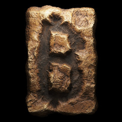 Rocky symbol bitcoin. Font of stone isolated on black background. 3d