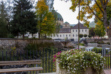 Obraz premium View at the City St. Blasien, Germany with the river Alb, the cathedral, dam and bridge