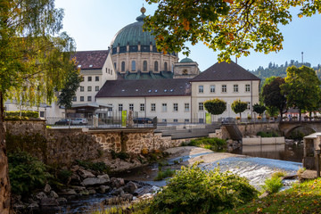 View at the City St. Blasien, Germany with the river Alb,  dam and bridge