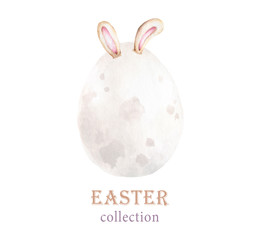 Watercolor Happy Easter set, Colored eggs with pink flower and spring floral, isolated on a white background, vintage watercolor illustration for design postcard