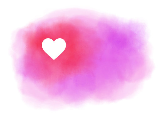 Light pink and red watercolor brush splash cloud with a white heart on white background. Valentine or love concept. Digital abstract illustration artwork with copy space. 