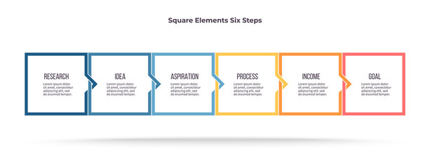 Business infographics. Timeline with 6 steps, options, squares. Vector template.
