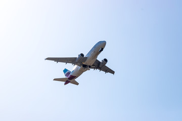 Airplane take off from airport. Travel by air, climate crisis, transportation