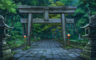 Torii forest - Night , Anime background , Illustration.
