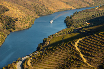 Cruise ship in Douro river and Alto Douro vineyards and landscape - UNESCO World Heritage