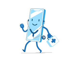 Applicazione mobile per settore medico farmaceutico, personaggio divertente e simpatico, dottore con la valigetta del pronto soccorso