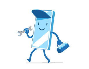 Assistenza tecnica rapida. Personaggio simpatico del meccanico con chiave inglese e cassetta degli attrezzi per applicazione mobile - Illustrazione vettoriale