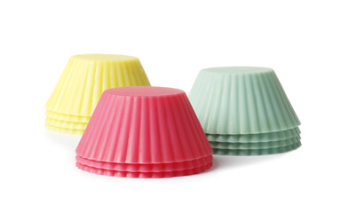 silicone mold for baking on a white background. Culinary accessories of the baker. Small baking cups. It is isolated.