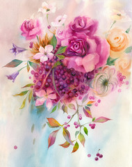 Watercolor painting. Bunch of garden flowers. Pink roses and red berries with autumn leaves.  - 321688341